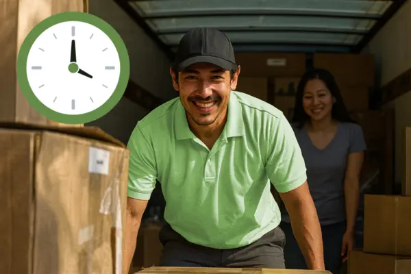 Umzugshelfer schiebt Karton in einem Umzugswagen, Kundin steht im Hintergrund.