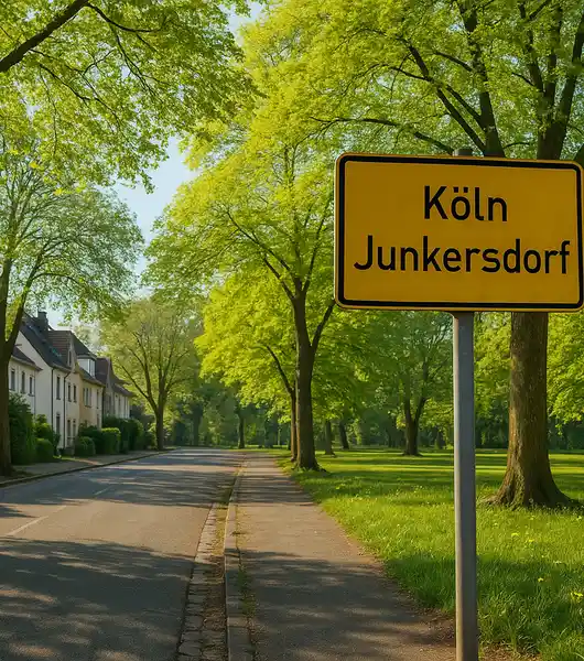 Eine Straße in Köln Junkersdorf. Mehrere Häuser auf der linken Seite.