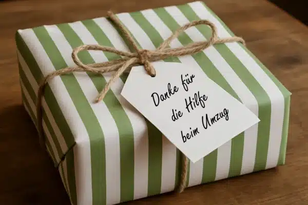 Ein Geschenk mit einer Karte mit der Aufrischt: "Danke für die Hilfe beim Umzug"