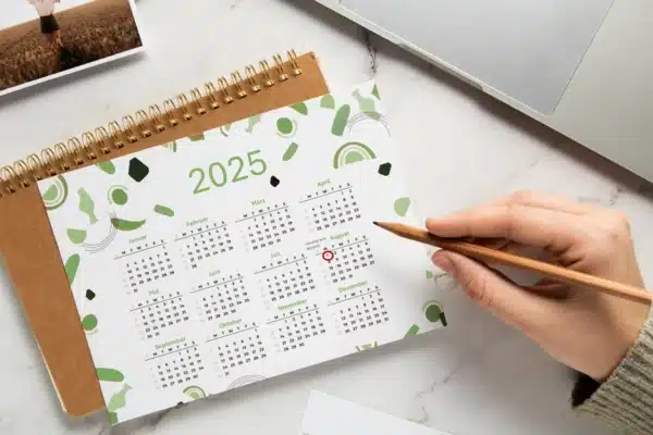 Jemand markiert ein Datum in einem Kalender, der auf einem Tisch liegt.