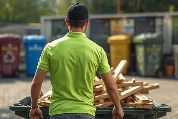 Umzugshelfer in grünem Poloshirt und schwarzer Kappe schiebt einen Container mit Holzlatten auf einem Wertstoffhof, im Hintergrund bunte Müllcontainer.