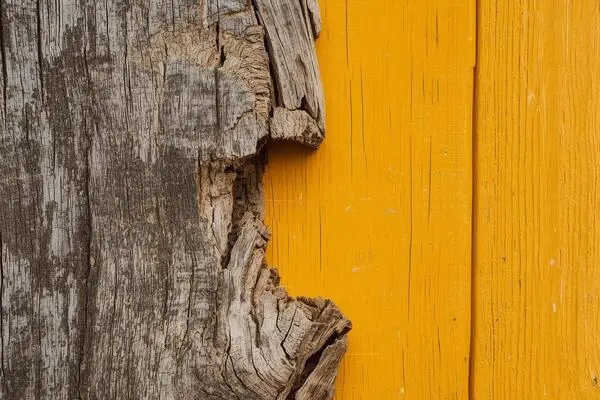 Nahaufnahme von verwittertem, rissigem Holz neben glatten, senkrechten gelben Holzbrettern.