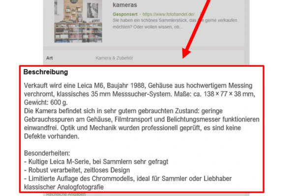 Hevorgehobener Textabschnitt in einem Online-Inserat mit Beschreibung einer Leica M6 Kamera von 1988, Details zu Material, Maßen, Gewicht, Zustand und Besonderheiten wie robustes Design und limitierte Auflage.