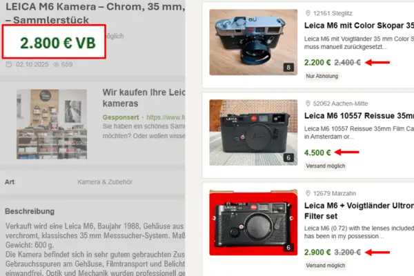 Drei Anzeigen für gebrauchte Leica M6 Kameras mit Preisen zwischen 2.200 und 4.500 Euro, jeweils mit rotem Pfeil auf den Preis.