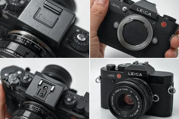 Vier Nahaufnahmen einer schwarzen Leica-Kamera, darunter Details von Objektiv, Sucher, Bedienelementen und Kamera ohne Objektiv mit rotem Leica-Logo.