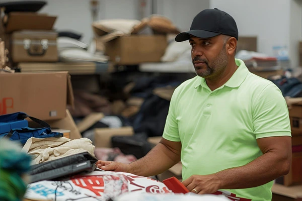 Umzugshelfer in hellgrünem Poloshirt und schwarzer Kappe sortiert Kleidung auf einem Tisch, im Hintergrund Kartons und Stapel mit Textilien.