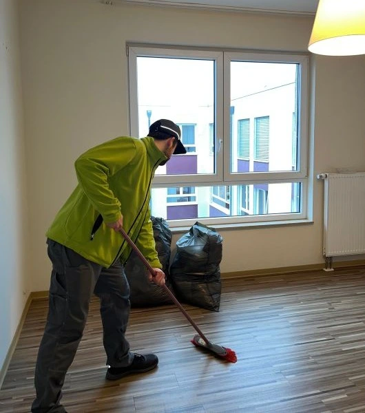 Entrümpler mit grüner Jacke und schwarzer Mütze fegt leeren Raum mit Besen vor großen Fenstern.