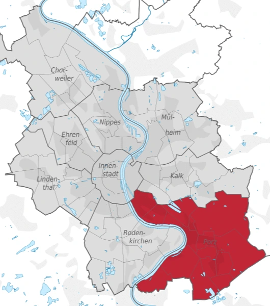 Karte von Köln mit dem Stadtteil Porz in Rot hervorgehoben.