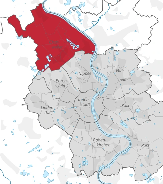 Karte von Köln mit dem Stadtteil Chorweiler in Rot hervorgehoben