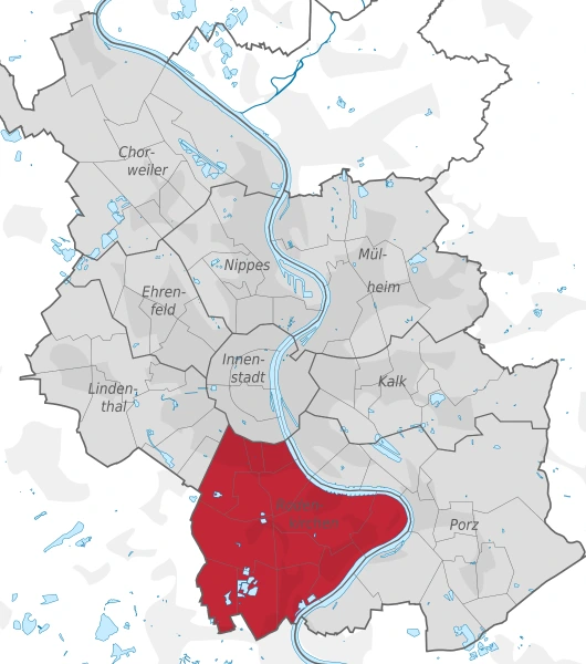 Karte von Köln mit dem Stadtteil Rodenkirchen in Rot hervorgehoben