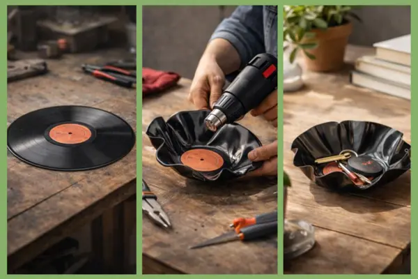 Dreiteilige Bildfolge zeigt eine Schallplatte auf einem Holztisch, die mit einem Heißluftföhn verformt und zu einer Schale umgestaltet wird, die Schlüssel und Münzen hält.