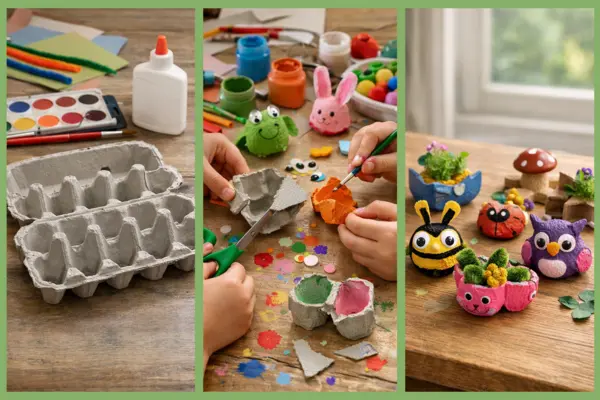 Drei Bilder zeigen den Upcycling-Prozess mit Eierkartons: leerer Eierkarton, bemalte und ausgeschnittene Eierkartonstücke mit Bastelmaterialien, und fertige bunte Tier- und Pflanzenfiguren aus Eierkarton als Pflanzgefäße.