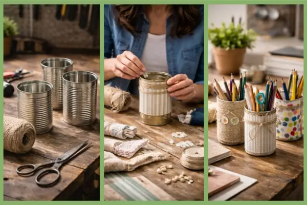 Drei Bilder zeigen Upcycling: leere Konservendosen mit Schere und Garn, eine Person, die eine Dose mit Stoff und Knöpfen dekoriert, und drei dekorierte Dosen als Stifthalter auf einem Tisch.