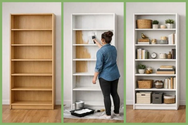 Dreiteilige Abfolge: links ein leeres Holzregal, mittig eine Frau, die das Regal mit weißer Farbe streicht, rechts das fertig gestrichene Regal mit Dekoration und Aufbewahrungsboxen.