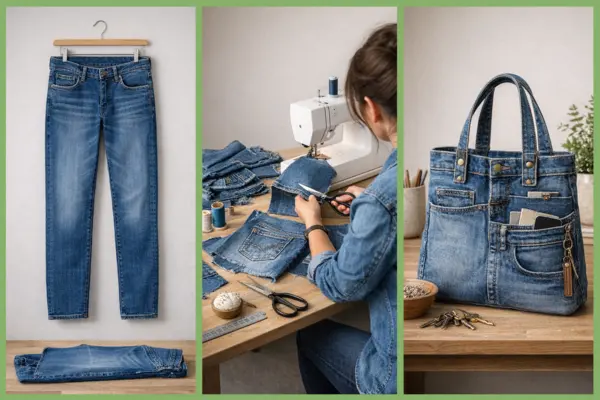 Drei Bilder zeigen eine Jeanshose auf einem Bügel, eine Person, die Jeansstoff an einer Nähmaschine zuschneidet, und eine Tasche aus Jeansstoff mit Griffen auf einem Tisch.