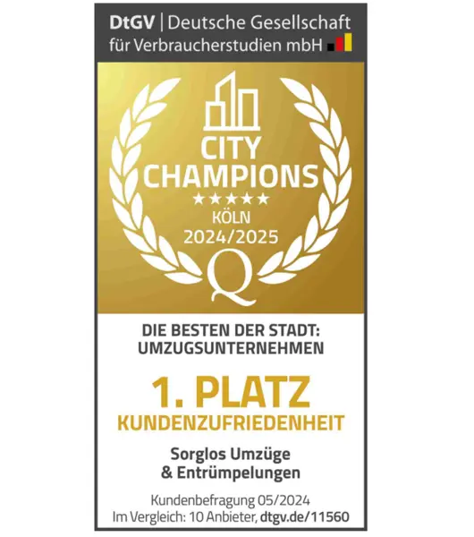 Goldfarbene Auszeichnung mit Lorbeerkranz und Text zu City Champions Köln 2024 für das Umzugsunternehmen Sorglos Umzüge & Entrümpelungen mit 1. Platz Kundenzufriedenheit