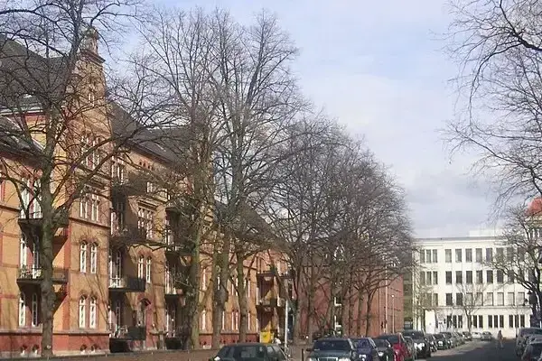 Tannenstraße in Düsseldorf Derendorf mit parkenden Autos und mehrstöckigen Backsteingebäuden sowie kahlen Bäumen im Winter