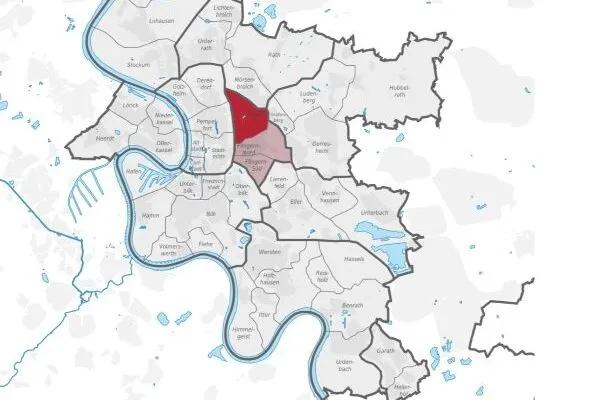 Karte von Düsseldorf mit hervorgehobenem Stadtteil Düsseltal