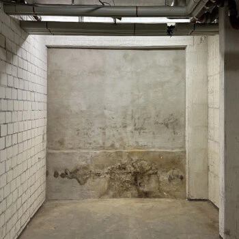 Entrümpelter Kellerraum mit weißen Klinkerwänden und sichtbaren Feuchtigkeitsspuren an der Rückwand