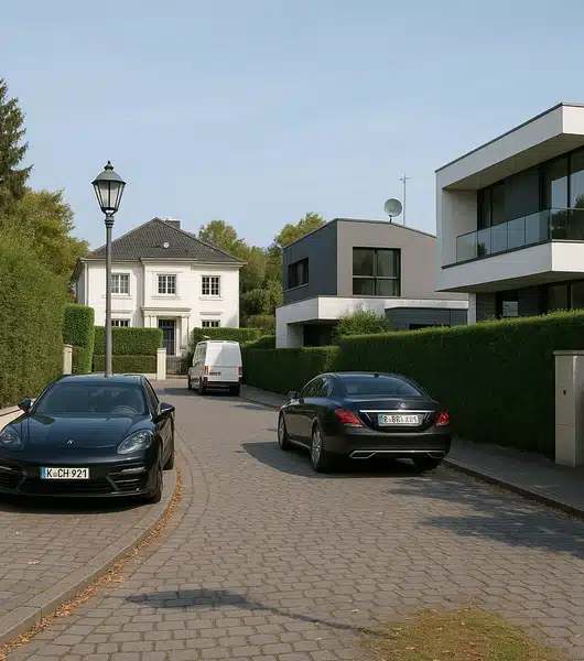 Straße in Köln Hahnwald mit modernen und klassischen Wohnhäusern, parkenden Autos und einer Straßenlaterne bei klarem Himmel
