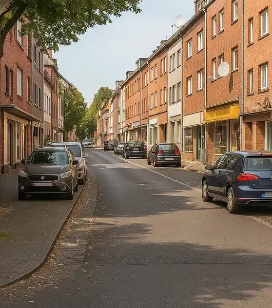Straße mit parkenden Autos und mehrstöckigen Backsteinhäusern auf beiden Seiten in Köln Müngersdorf