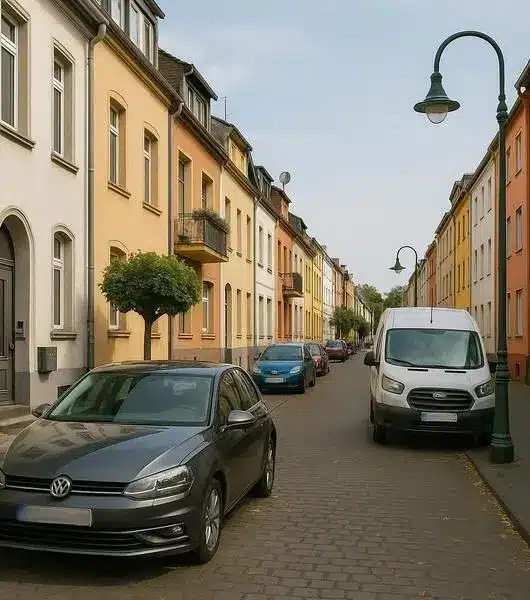 Straße in Köln Neuehrenfeld mit parkenden Autos und mehrstöckigen Wohnhäusern mit Balkonen und Straßenlaternen