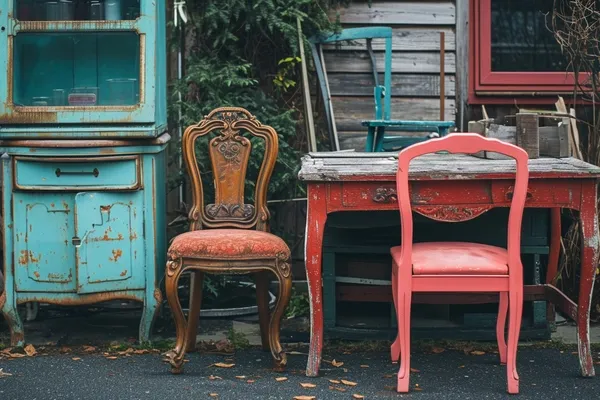 Zwei unterschiedliche Stühle vor einem alten Schrank und einem Tisch im Außenbereich