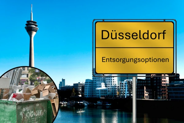 Stadtsilhouette von Düsseldorf mit Rheinturm und gelbem Ortsschild mit der Aufschrift 'Düsseldorf Entsorgungsoptionen' sowie einem runden Bildausschnitt mit überfülltem Container voller Kartons