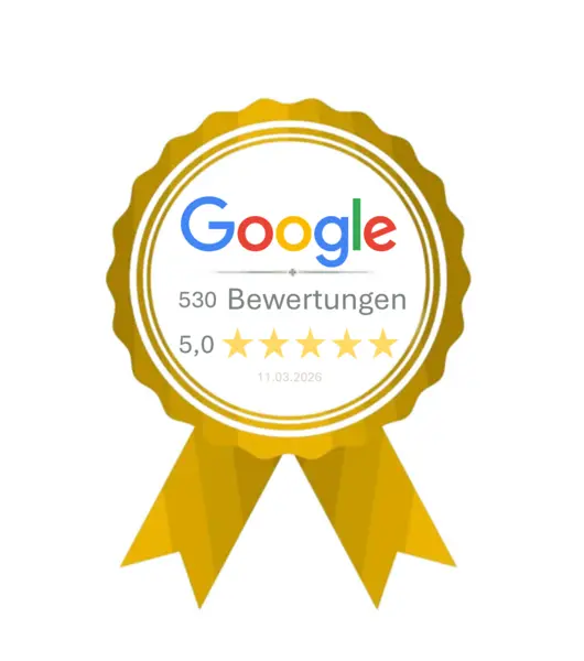Goldene Auszeichnung mit dem Google-Logo, der Zahl '529 Bewertungen' und einer Fünf-Sterne-Bewertung