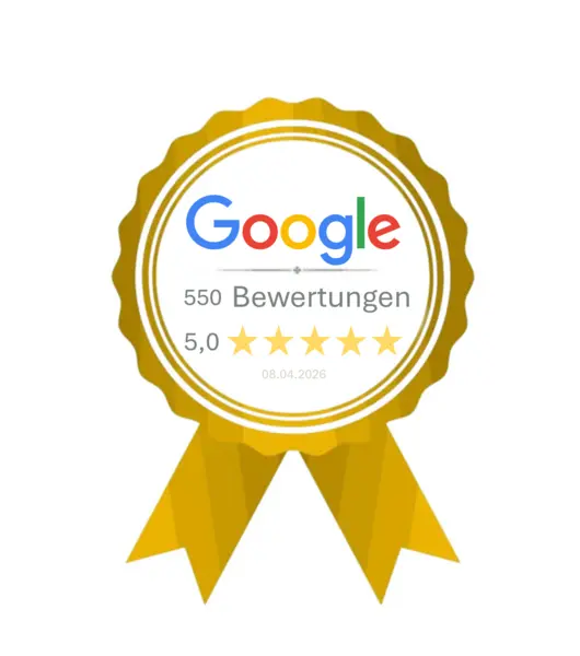 Goldene Auszeichnung mit dem Google-Logo, der Zahl '550 Bewertungen' und einer Fünf-Sterne-Bewertung.