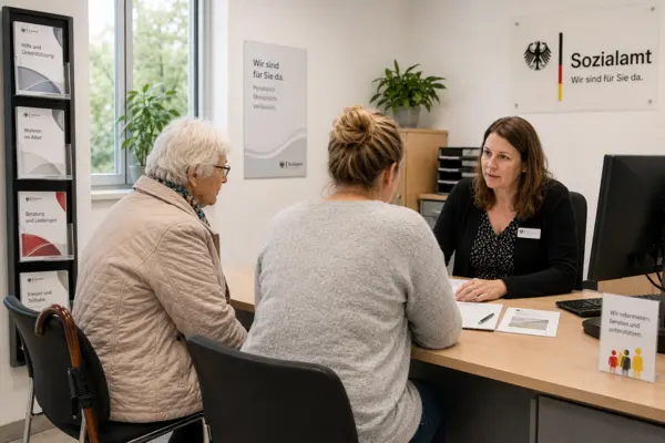 Drei Personen sitzen an einem Tisch in einem Büro des Sozialamts, zwei Kundinnen gegenüber einer Mitarbeiterin mit Namensschild