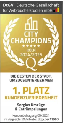 Goldfarbene Auszeichnung mit Lorbeerkranz und Text zu City Champions Köln 2024 für das Umzugsunternehmen Sorglos Umzüge & Entrümpelungen mit 1. Platz Kundenzufriedenheit